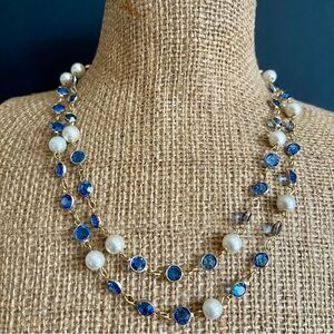 Vintage faux Pearl & blue bezel crystal Necklace